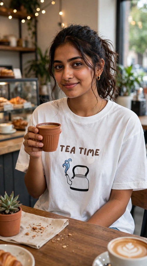 Tea Time T-Shirt - girl in cafe lifestyle